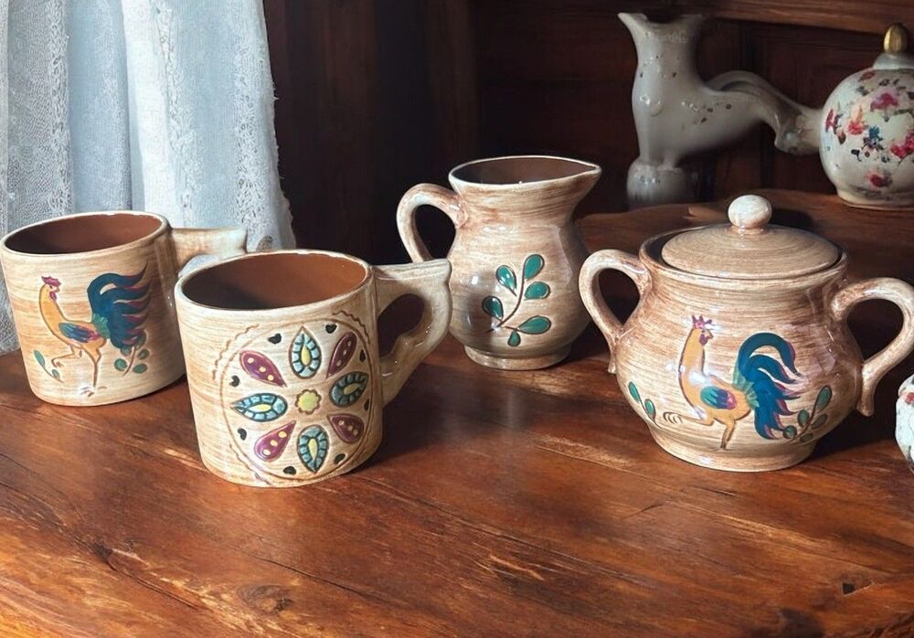 Pennsbury Pottery Rooster Cups Creamer Sugar Bowl Country Farmhouse Vintage Set